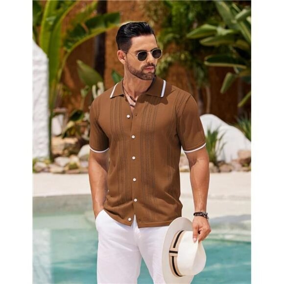 Mens Knit Button Down Shirt Short Sleeve Polo Casual Slim Fit Beach Top - Picture 2 of 7